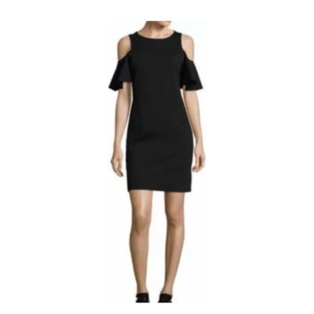 Libby Edelman Black Cold Shoulder Shift Dress Knee Length Short Sleeve Stretch